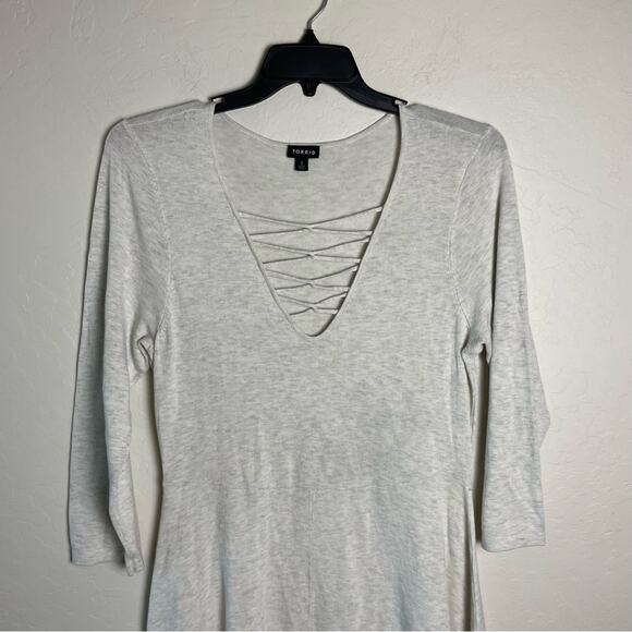 Torrid Oatmeal Heather Mini Sweater Cross Front Skater Dress Lace-Up Lattice - Picture 4 of 15